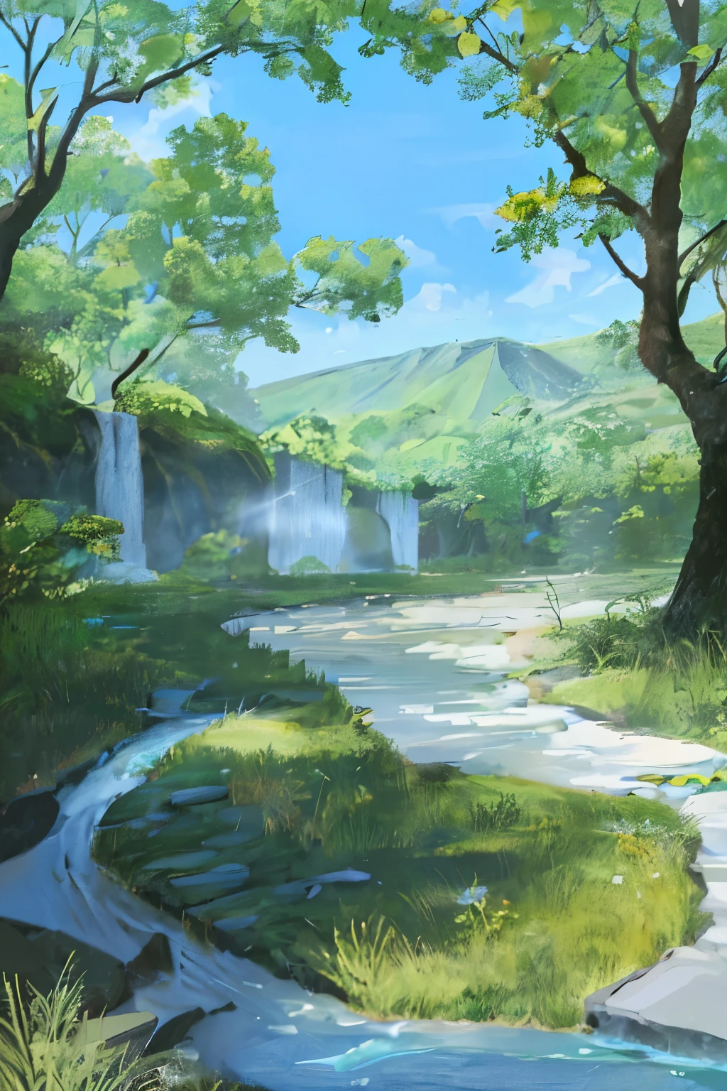 In this stunning and vibrant image, the sky is a clear and radiant blue, adorned with no clouds, allowing the sun's brilliant light to illuminate the earth below. The sunlight casts a refreshing and invigorating ambiance, instilling a sense of liveliness and vitality into every element of the scene. In the background, the profile of the mountains emerges, their outlines defined by lush greenery that gleams in the sun's golden light. Their leaves glisten with a rich and vibrant green hue, adding to the picture's overall sense of freshness. In the foreground, a lush and verdant lawn spreads out, its fine and