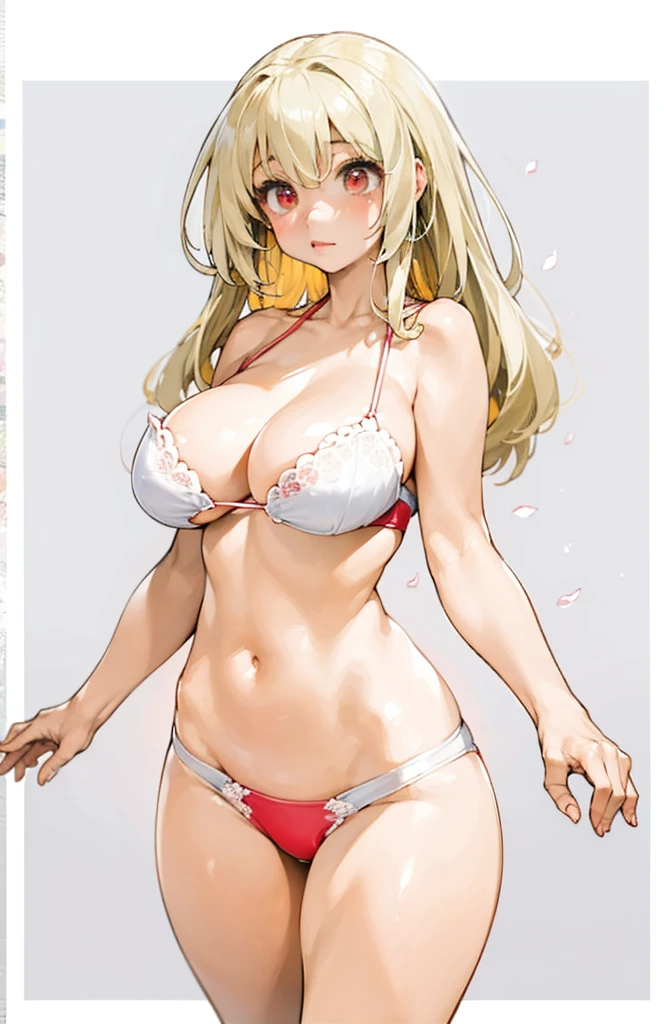 (masterpiece:1.6,best quality),(Eyes are thin and beautiful:1.2),(Overhead),high quality,Pretty Face,huge,Wide hips,Convex, 丰满而Mature的女人,Long blond hair,Red eyes, Frontal photography, masterpiece, ((The background is blank: 1.3)), Front main light source,Mature, Performance, ,Perfect anatomical structure,((White skin)),Standing picture, (Red bikini:1.7)