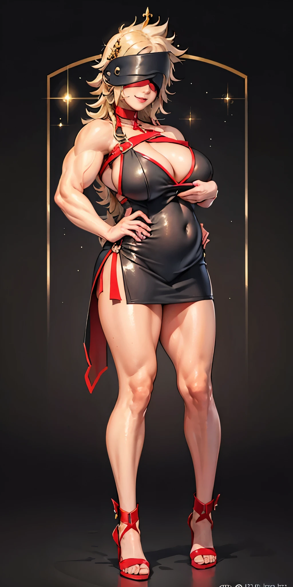 (masterpiece, HI quality: 1.1) 1girl full body standing good face, nice ass, hairstyle: braid, Color Hair: White long hair, Blindfolded: NO EYES, Skin: White (porcelain skin, sparkly skin), muscular, thighs, Mature woman, Abs, looks at the viewer smiling, extremely huge breasts, maternal, chest cover with clothes