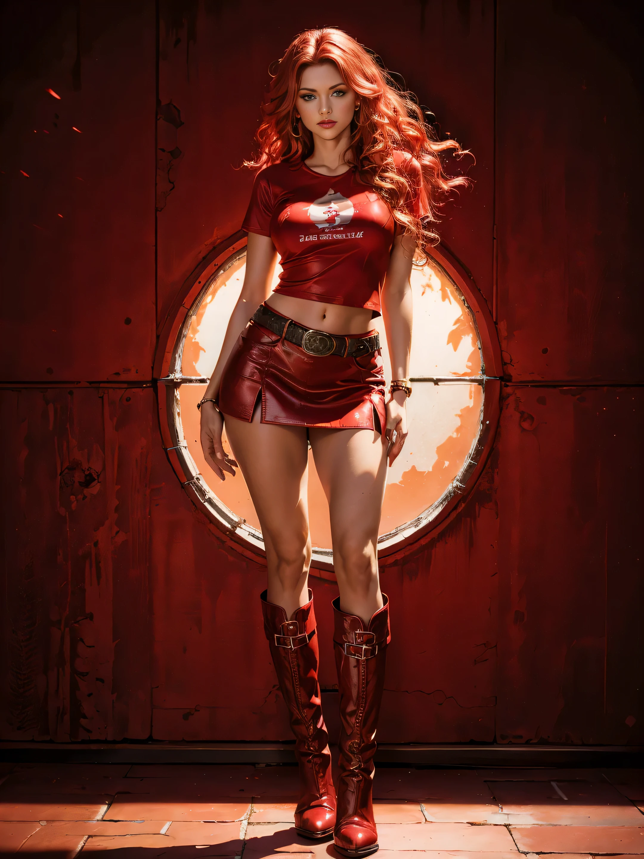A woman in a red outfit and boots posing for a picture - SeaArt AI