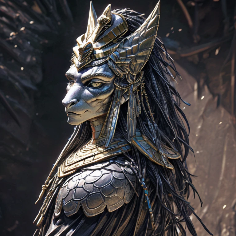 A pharaoh head, with a perfect sculptural realistic,with silver mediaval armor, and potrait, ultra realistic, HD,