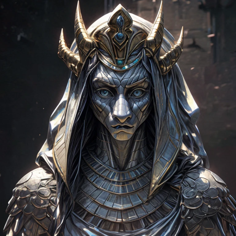 A pharaoh head, with a perfect sculptural realistic,with silver mediaval armor, and potrait, ultra realistic, HD,