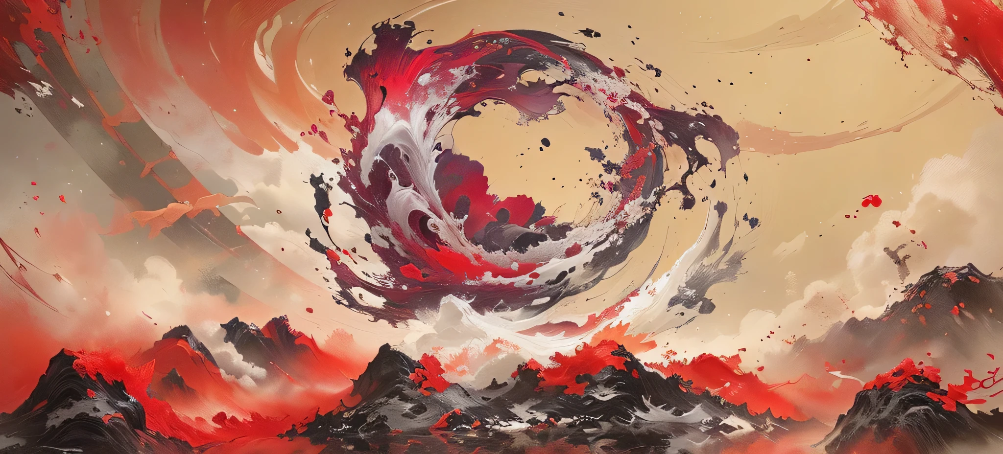 A red and black painting with a red circle, dreamy painting of coronavirus, qiu fang, Inspired by Zao Wou-Ki, ruan jian, zhuoxin ye, wei wang, yuli ban, Digital Mixed Media, mingchen shen, feng shu, Jellyfish Phoenix, jinyiwei