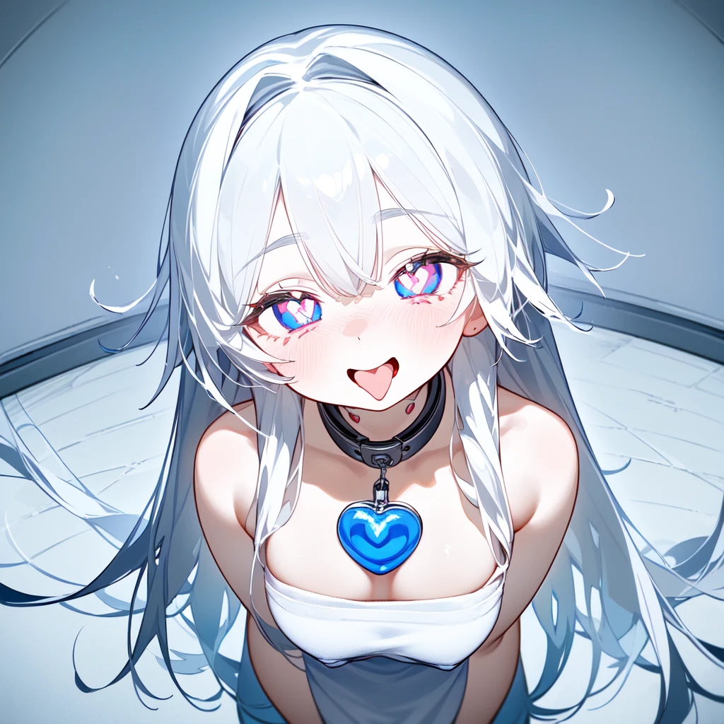 masterpiece, best quality, 1 girl, solo, white hair, long straight hair, sky blue eyes, flat chest, doggystyle, (((heart-shaped pupils))), (((ahegao))), (embarrassed smile), ((open mouth)), collar, ((in a gray concrete room)), wearing a white towel