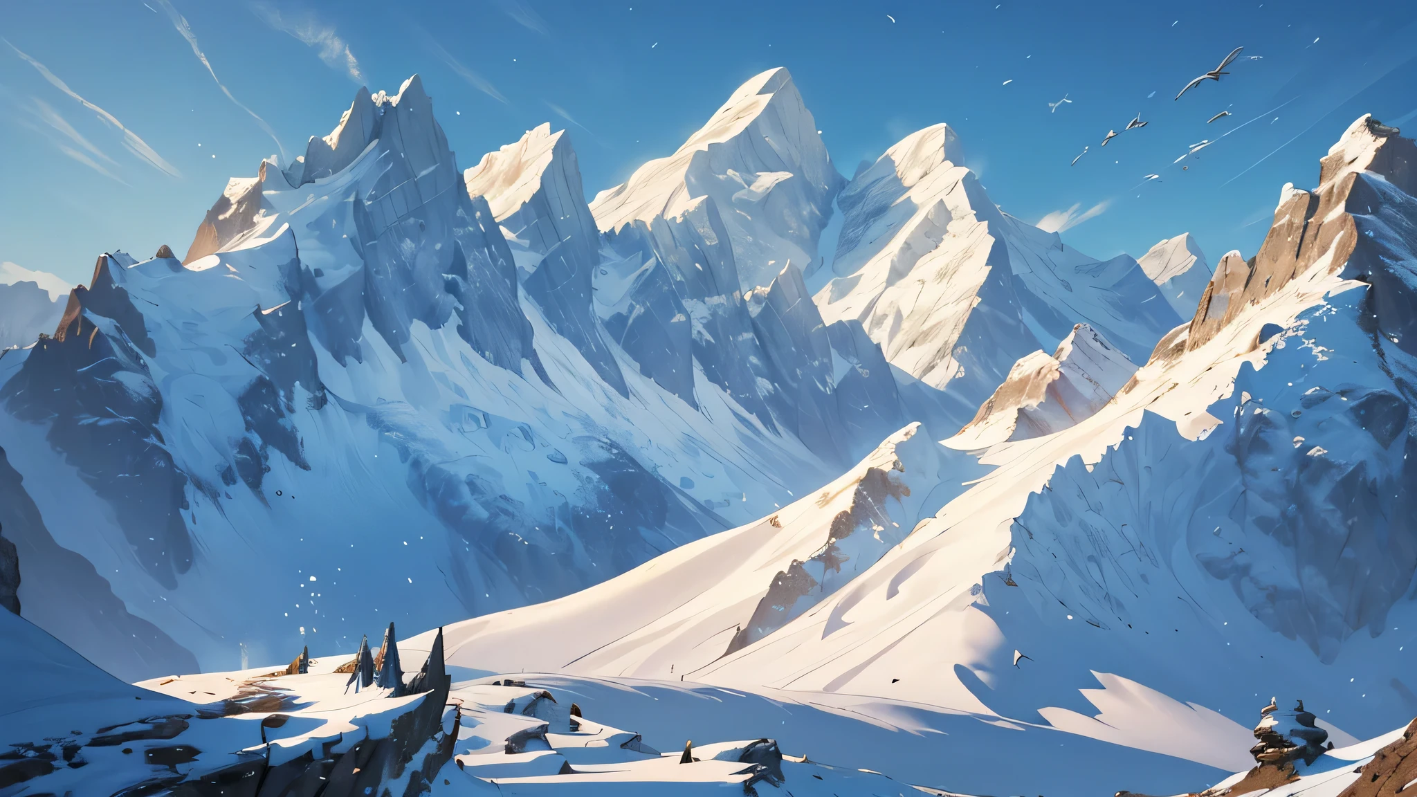 (highres,masterpiece:1.2),dramatic, majestic mountains with snowy peaks, serene and breathtaking, rocky and steep cliffs, piercing blue skies, enchanting landscapes, mystical and otherworldly, towering and grandiose, fantastical and awe-inspiring, snow-capped mountain range, a sight to behold, surreal and dreamlike, a fantasy come to life.
