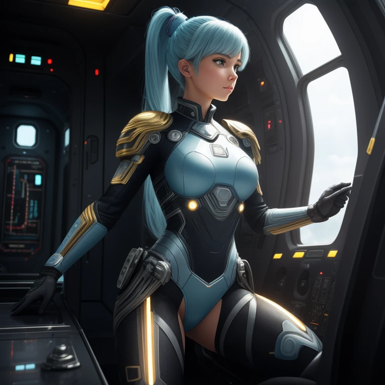 (((masterpiece))), (((best quality))), ((ultra-detailed)), (highly detailed CG illustration), ((an extremely delicate and beautiful)), cinematic light,((1girl)), solo, (upper body), (character focus), absurdres, high contrast, extreme detailed,colorful,highest detailed, science fiction, nanosuit, high ponytail, (light blue hair), yellow eyes, knee boots, (spacecraft interior), mechanical limbs, large breasts, metal wire,