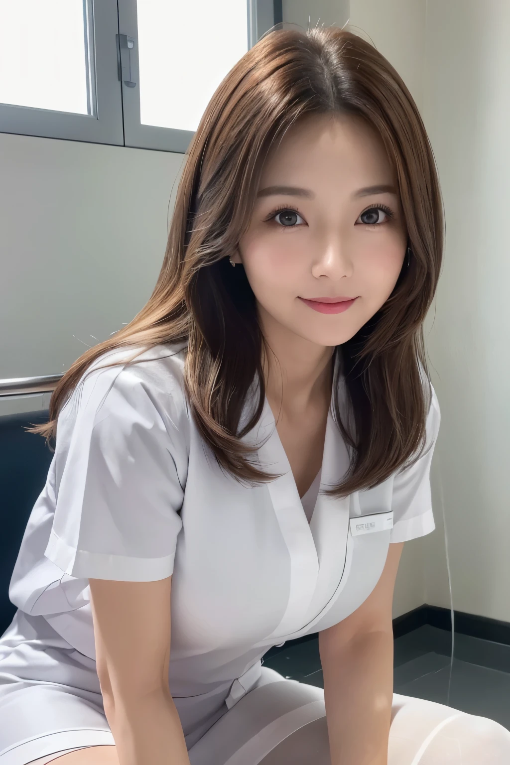 (1woman)、(Japanese、45years old、Refreshing、clear、seems kind、stylish、(narrow eyes)、Pitiful、cute like an angel、cute、black eyes、,actress,Slit eyes), Good style , (Beautiful big breasts:1.0),(soft breasts),(very cute),(brown hair),,( long hair、Straight Hair,one-length),(enchanting eyes),(highlight on eyes:1.2)、(8K、Live shooting、highest quality、masterpiece:1.2、optimal lighting)、((masterpiece)),(Photo taken by a professional photographer),(real、photo real:1.4),break,{ (white nurse costume),(((taraditional nurse uniform))),(white nurse mini skirt),(( pantyhose)),(cleavage:0.7)},(Smile1.0),(cheeks are red:1.2)、Face close-up:1.3,Looking at viewer, break, break,Hospital ,X-ray room