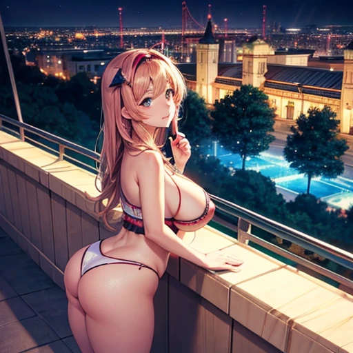 Woman standing on a balcony overlooking the city at night, Cute girl anime visuals, Beautiful Anime girl, Beautiful Anime portrait, Beautiful Anime artwork, Beautiful Anime art, Attractive anime girl, Smooth anime CG art, Beautiful Anime, Real life anime girls, Beautiful Anime woman, Beautiful Anime art style, Beautiful Anime high school girl, Beautiful fantasy anime、Camel Toe、Giant tit、Nipple Puffs、Cleavage、Plump、Super big breasts、Super big butt、下に広がるamusement parkの風景、amusement park