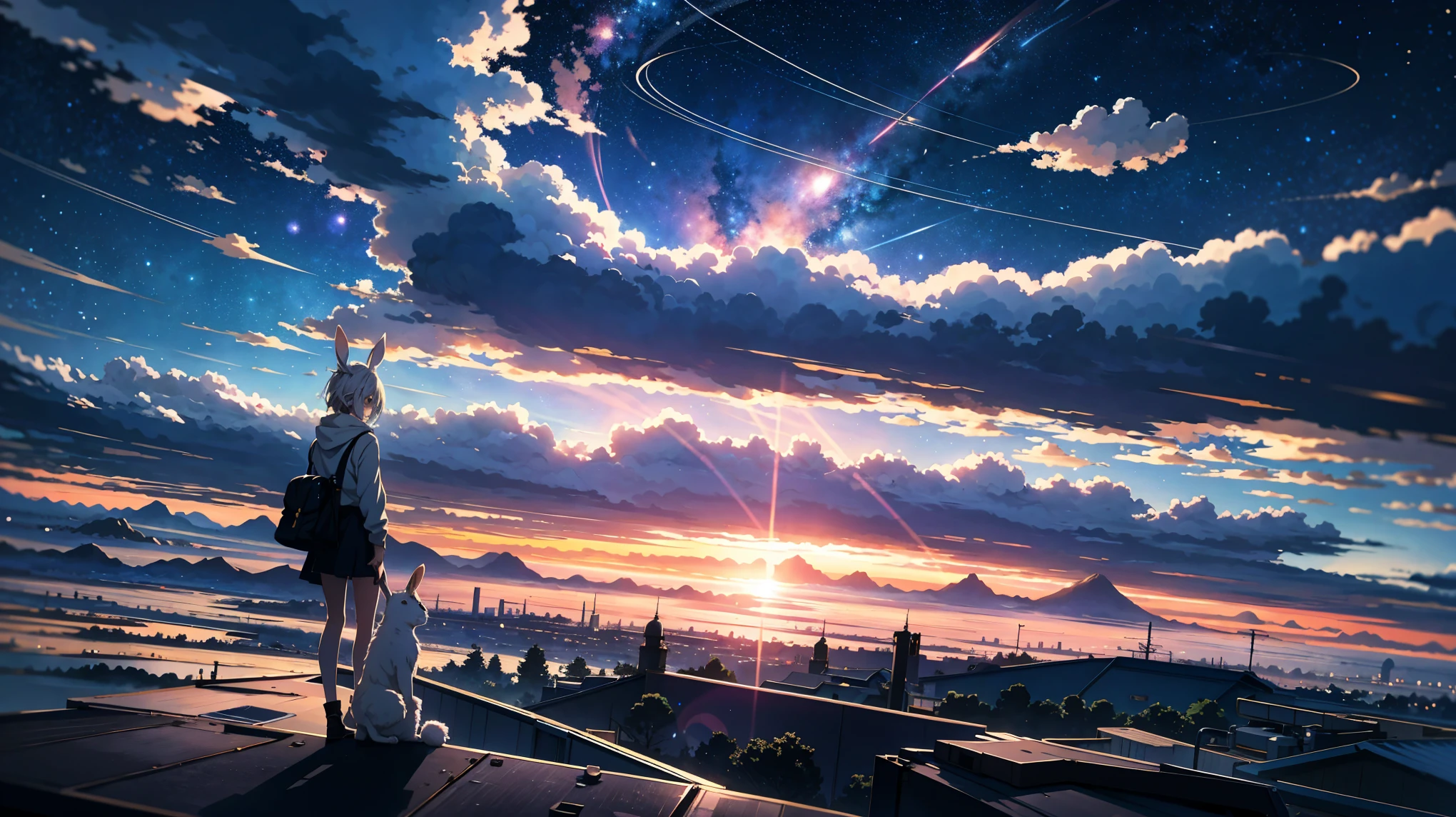 Beautiful sky anime scene with stars and planets, Space Sky. A rabbit is standing and looking at the sky. Nature by makoto shinkai, anime art wallpaper 4k, anime art wallpaper 4k, anime art wallpaper 8k, anime wallpaper 4k, anime wallpaper 4k, 4k anime wallpaper, Anime Sky, Awesome Wallpapers, Anime Background, Heavenly planets in the background, Anime Background art、Rabbit on the hill