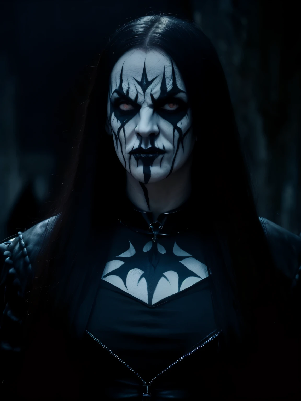 (masterpiece, best quality:1.2), (((1man, male))) , solo, highres, best quality, Half body shot of a strong Man, pale white skin ((angry man)) with (((black metal corpsy paint))), heavy White and Black face paint, in a gothic cemitery, at night, horror movie. high details, super detail, textured skin, masterpiece, UHD, 4K, 8k. ((Cinematic lighting)).