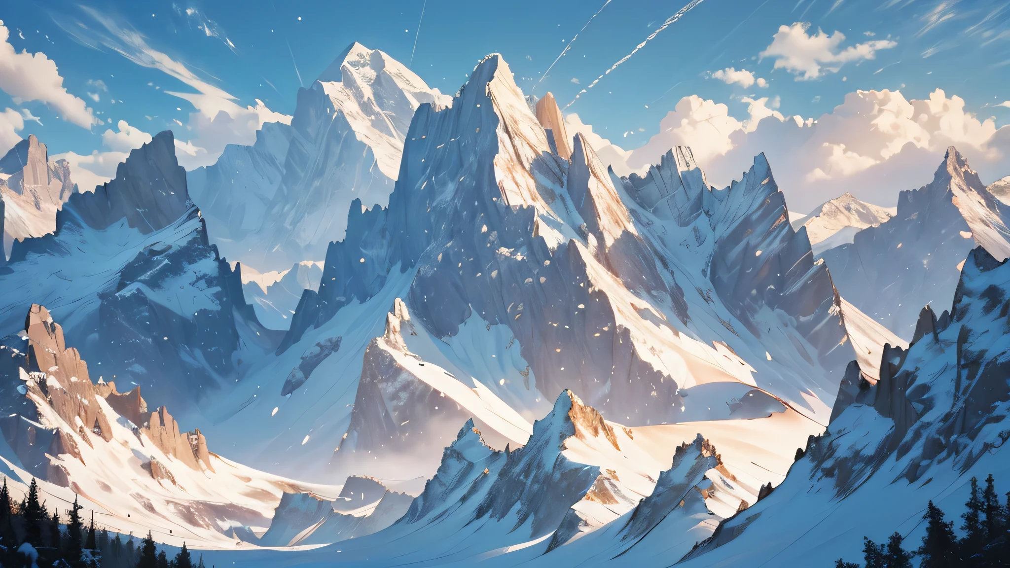 (highres,masterpiece:1.2),dramatic, majestic mountains with snowy peaks, serene and breathtaking, rocky and steep cliffs, piercing blue skies, enchanting landscapes, mystical and otherworldly, towering and grandiose, fantastical and awe-inspiring, snow-capped mountain range, a sight to behold, surreal and dreamlike, a fantasy come to life.