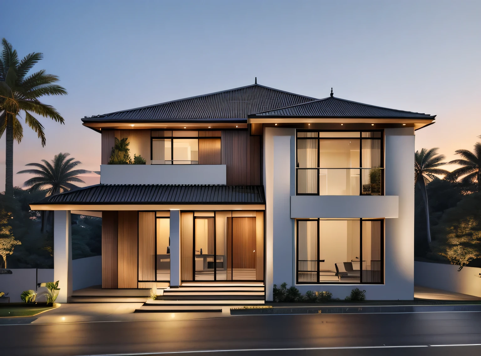 Exterior, modern house, sunset, best qualityExterior of house, mediterinan style, forest surrounding, glass railing, glass door and window with black mullion, tree, sky, cloud, morning weather, Landscape pathway at front, scenery, dark red roof tiles on the top of the house