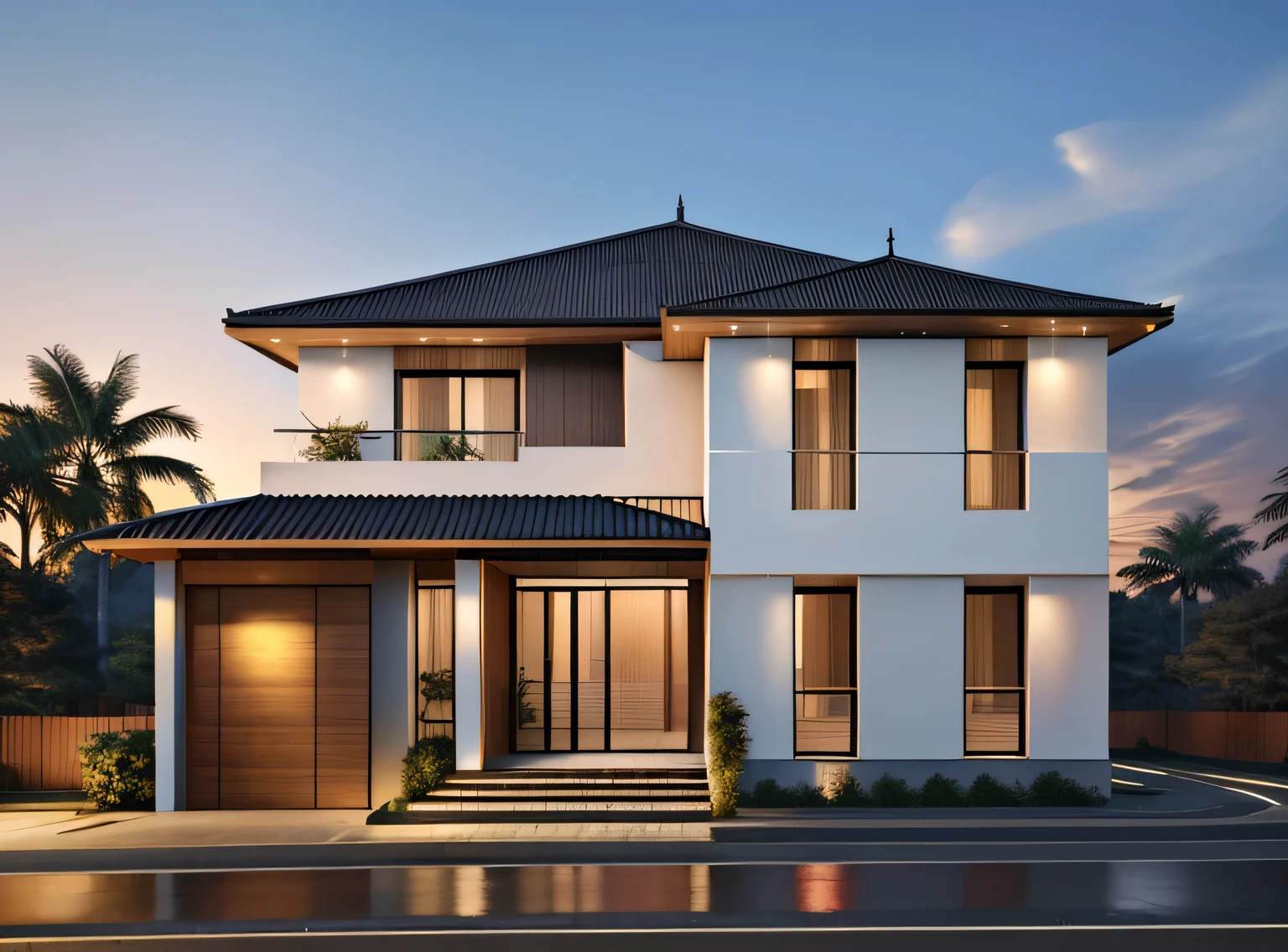 Exterior, modern house, sunset, best qualityExterior of house, mediterinan style, forest surrounding, glass railing, glass door and window with black mullion, tree, sky, cloud, morning weather, Landscape pathway at front, scenery, dark red roof tiles on the top of the house