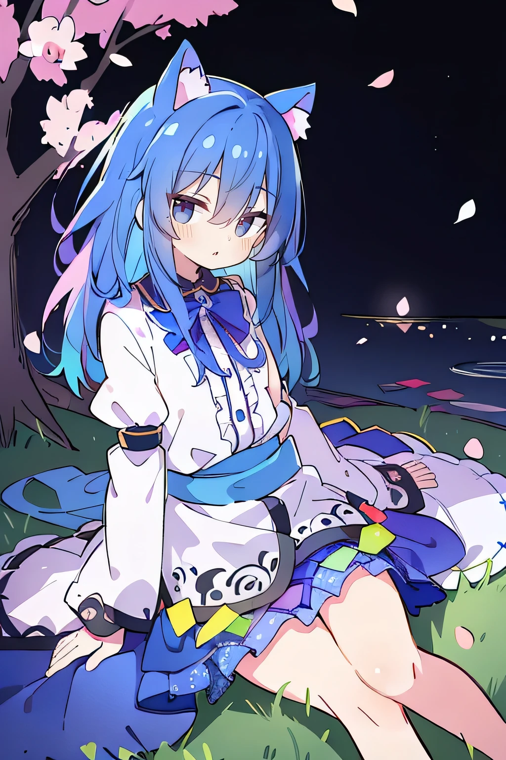 (masterpiece:1.2),ultra-detailed,realistic,expressive eyes,fair-skinned,perfectly shaped face,1girl,
Japanese cartoons,Gorgeous blue hair, flowing blue hair,floating clothes,cat ears,petals falling,beautiful Lola,Hina Angel,
hands on waist,gracefully sitting on the ground,legs crossed,gentle and serene background,cool and comfortable pavilion.