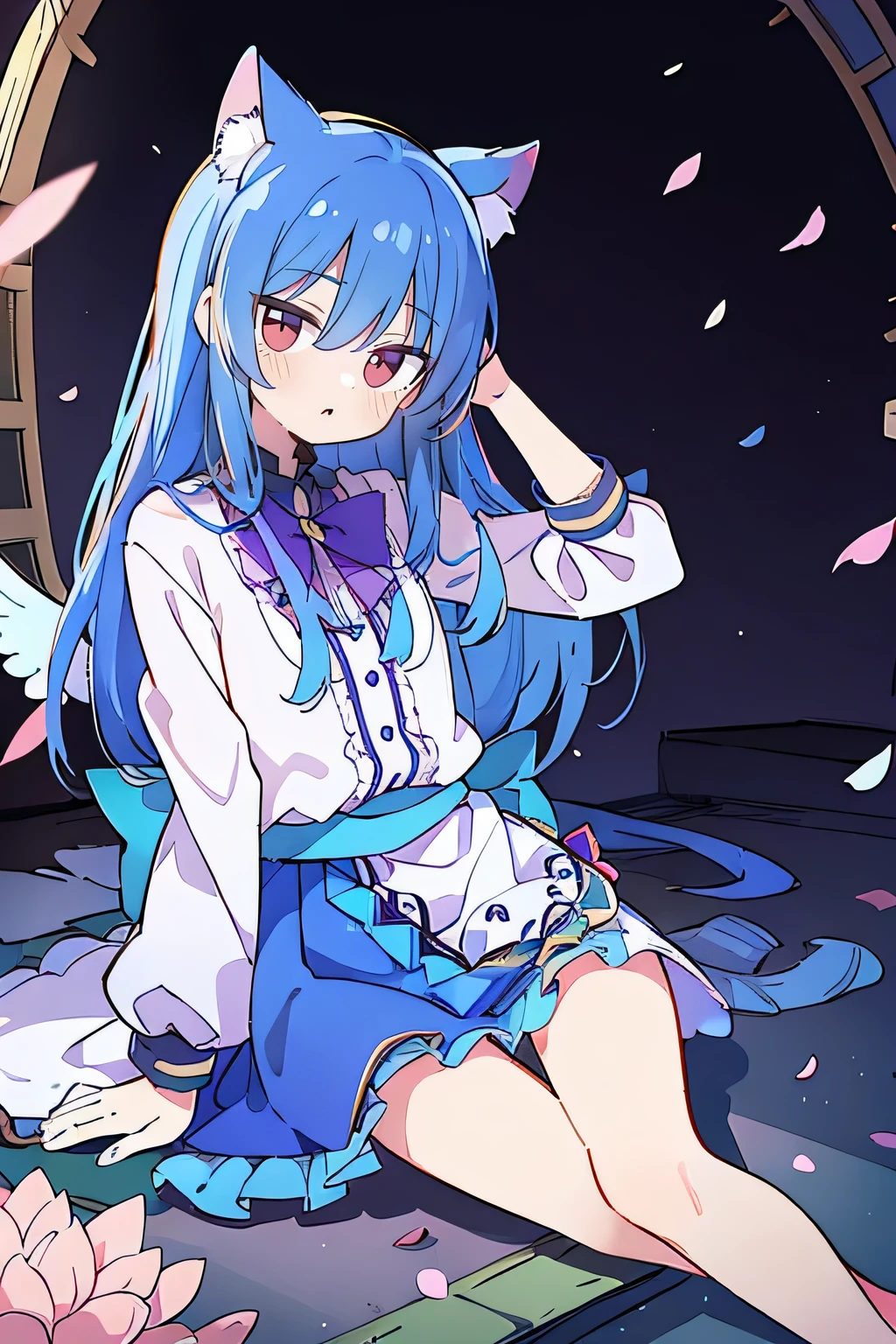 (masterpiece:1.2),ultra-detailed,realistic,expressive eyes,fair-skinned,perfectly shaped face,1girl,
Japanese cartoons,Gorgeous blue hair, flowing blue hair,floating clothes,cat ears,petals falling,beautiful Lola,Hina Angel,
hands on waist,gracefully sitting on the ground,legs crossed,gentle and serene background,cool and comfortable pavilion.