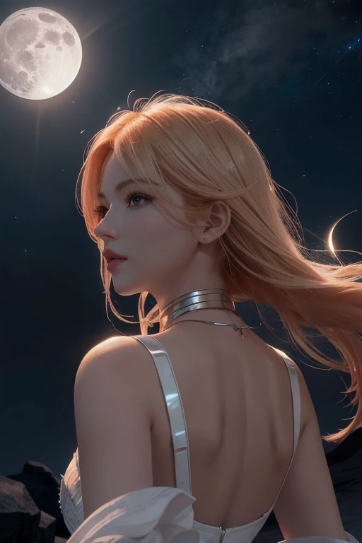 Hair Red Gradient Blonde, Night Sky, Detailed face, Face Focus, Shiny skin, Game CG, Night Sky, moonlight, moon, White gloves, A beautiful magical girl wearing a glass dress, Exquisite surface detail, Crystalcore , Fantastic fantasy, Realistic, fiction, Full HD, 8K Photo