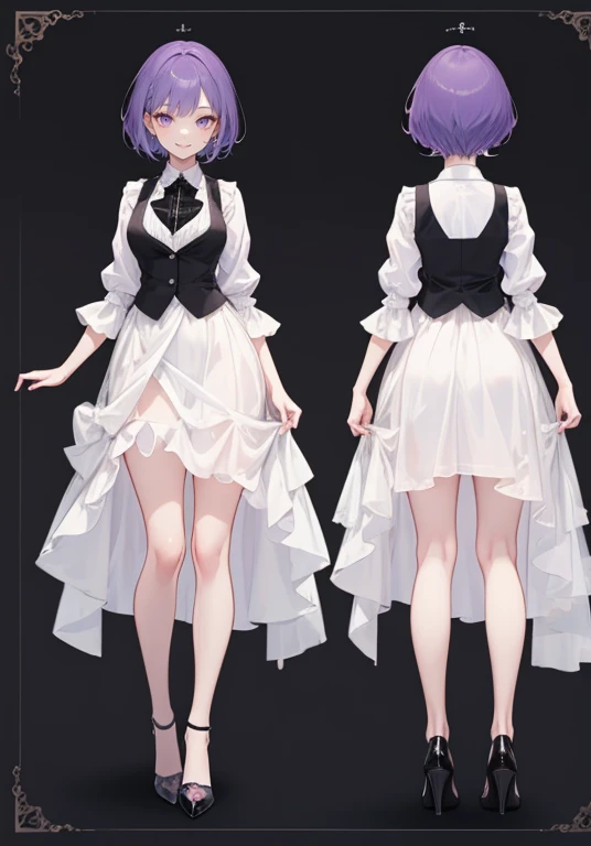 ((Perfect Face)),Purple Hair,Short Hair,1 female,bartender,,Black vest,skirt,slit,High heels,((Simple light color background)),((smile)),((Full Body)),((full body)),Character portrait,Character sheet,upright,tall