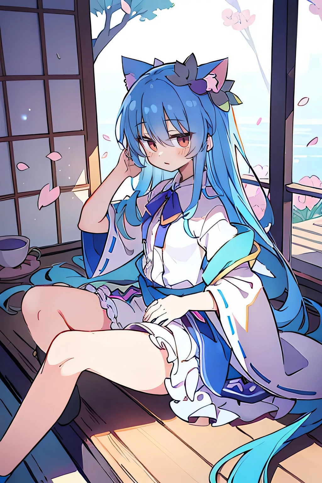 (masterpiece:1.2),ultra-detailed,realistic,expressive eyes,fair-skinned,perfectly shaped face,1girl,
Japanese cartoons,Gorgeous blue hair, flowing blue hair,floating clothes,cat ears,petals falling,beautiful Lola,Hina Angel,
hands on waist,gracefully sitting on the ground,legs crossed,gentle and serene background,cool and comfortable pavilion.