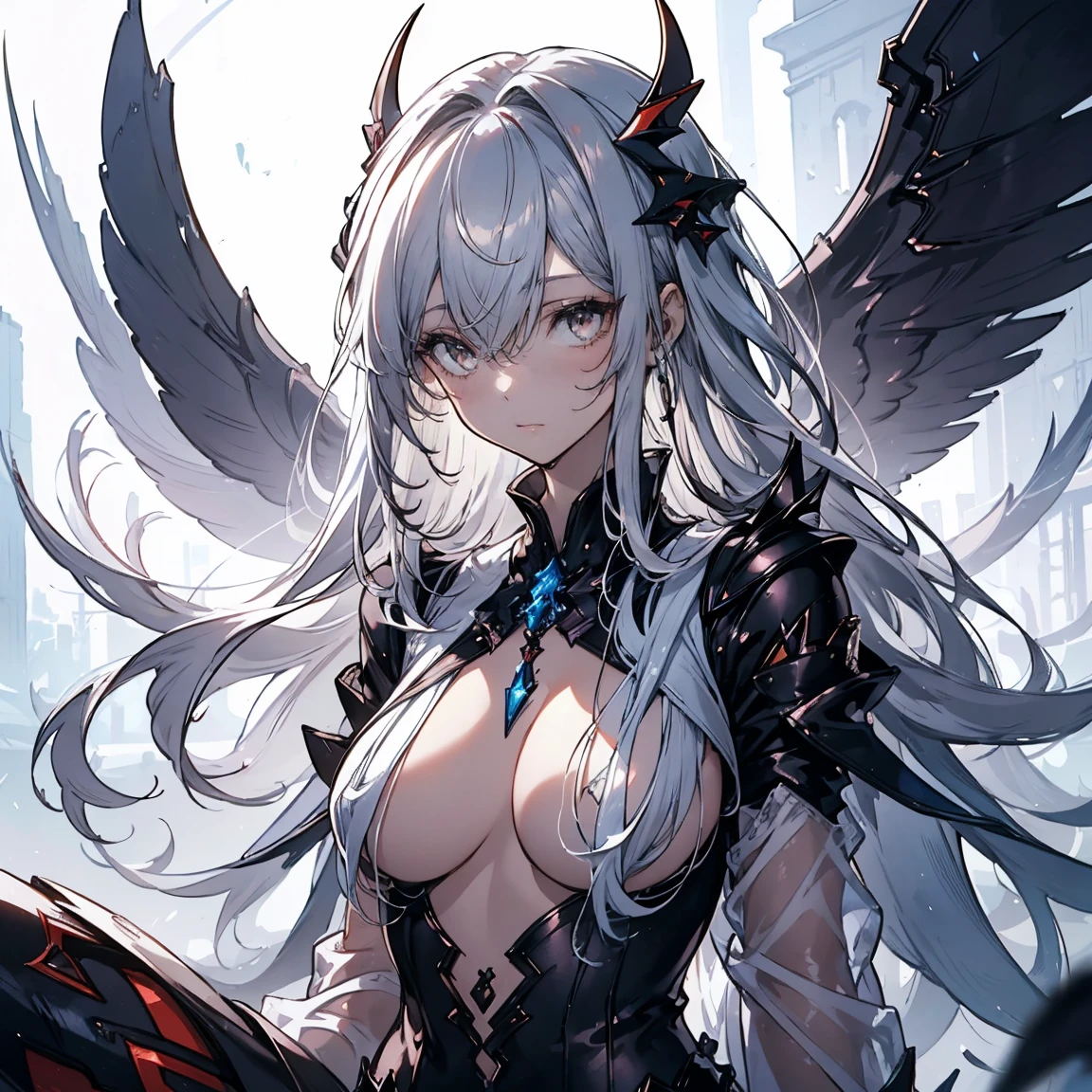 Night World, Perfect female body, 1 girl, 20-year-old, Long white hair, Gray and silver hair, Huge ahoge, ^ ^, Small breasts, Light Skin, Larger clothes,Fantasy,devil