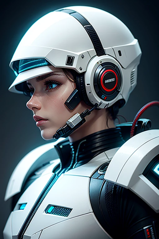 Realistic white combat android in an advanced cybernetic suit with cyberpunk technological helmet and visor