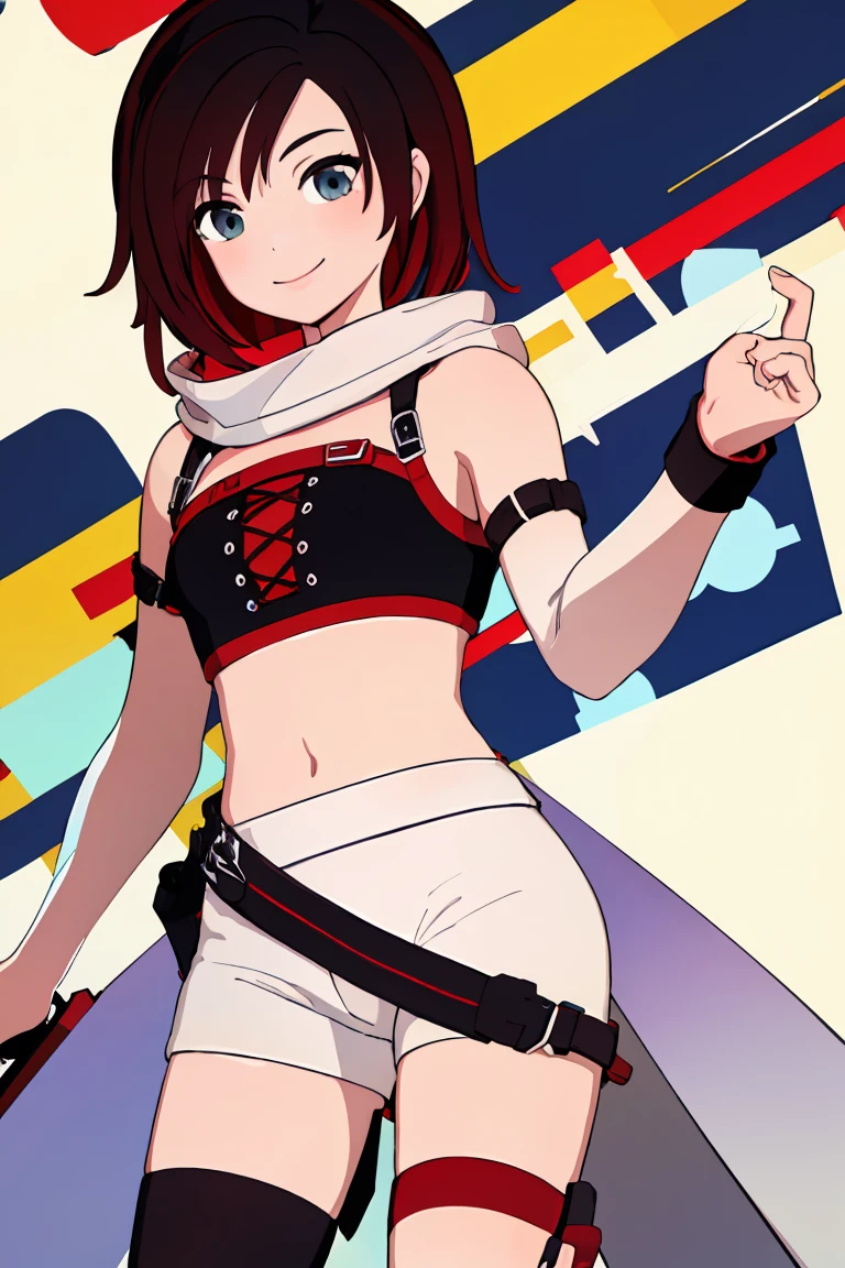 ((masterpiece,best quality)),  absurdres,
denim shorts, white crop top,
Ruby_RWBY,
solo, smiling, looking at viewer, cowboy shot,