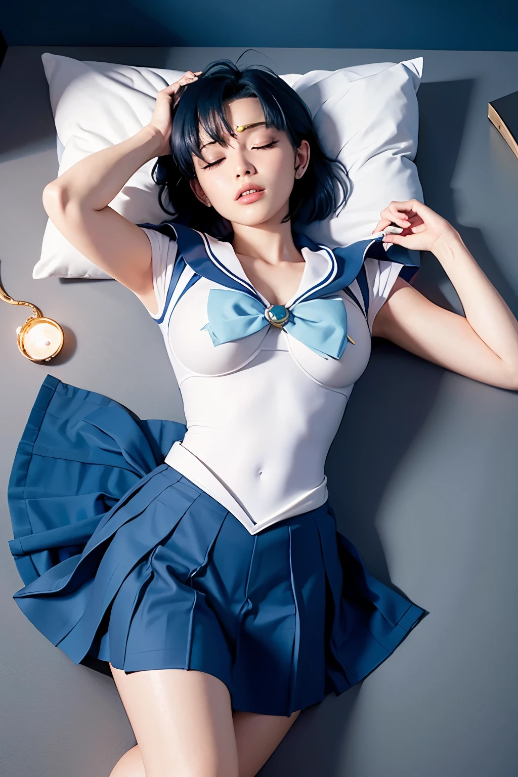 highest quality，masterpiece，Ultra-high resolution, Very detailed, 8k，(Beautiful woman)，一人のBeautiful woman，((Sailor Mercury, Sailor Mercuryのコスチューム, Blue Skirt, Gold Tiara, White gloves, Big Breasts)), from the front, ((close your eyes, Sleep, Lying on your back, Both arms attached to the body, On the floor, storehouse, Unconscious,Dim room lighting))