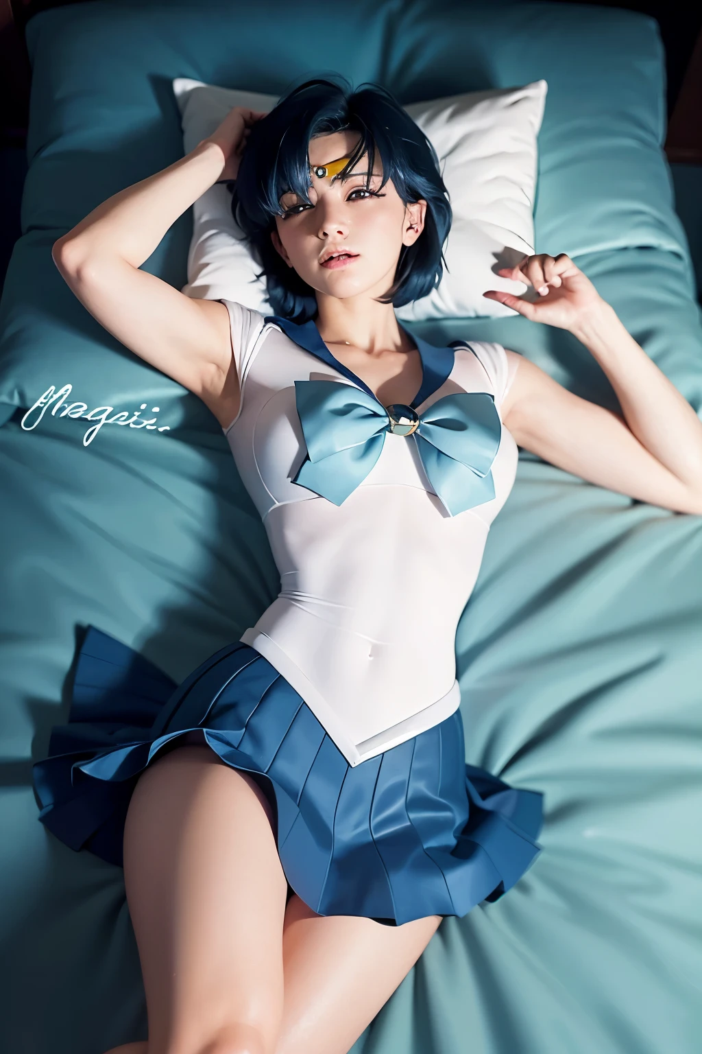 highest quality，masterpiece，Ultra-high resolution, Very detailed, 8k，(Beautiful woman)，一人のBeautiful woman，((Sailor Mercury, Sailor Mercuryのコスチューム, Blue Skirt, Gold Tiara, White gloves, Big Breasts)), from the front, ((close your eyes, Sleep, Lying on your back, Both arms attached to the body, On the floor, storehouse, Unconscious,Dim room lighting))