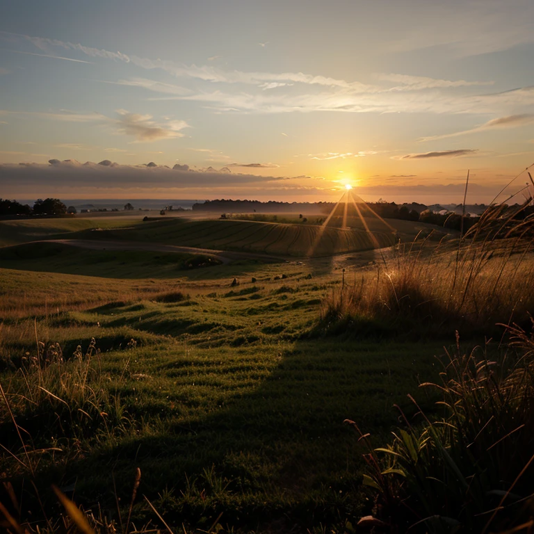 sun rising on the endless grass field