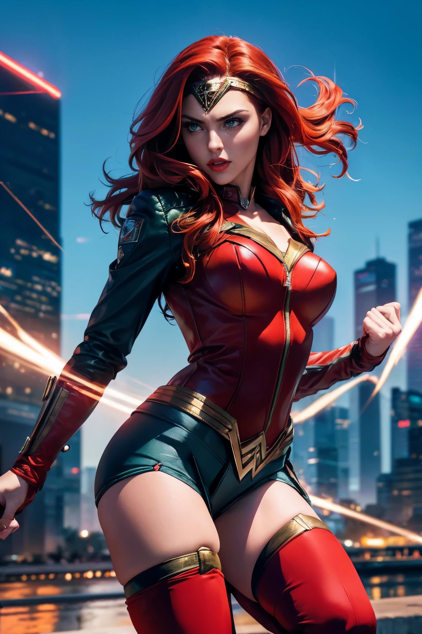 best quality,ultra-detailed,realistic) vibrant colors,comic book style,(studio lighting,sharp focus) female superhero in action,leaping into the air,powerful stance,with a golden lasso of truth,defending the innocent,brave and confident,(dazzling red lips,eyes full of determination),flying through a dynamic cityscape,with towering skyscrapers and bustling streets, futuristic technology,explosions and chaos,a symbol of strength and justice,inspiring hope and courage.  ((A Red hair , green eyes classic 70 outfit (biker jacket) Wonder Woman) () (