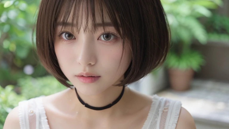 (Bob Cut Hair:1.2),(Wearing a choker, Wearing a blouse:1.2),1 girl,Japanese,21 years old,(Small breasts:1.3),(highest quality,masterpiece:1.3,超A high resolution,),(Ultra-detailed,Caustics),(Photorealistic:1.4,RAW shooting,)Ultra-Realistic Capture,Very detailed,High resolution 16K human skin close-up。 Natural skin texture、,Pores、、It needs to be detailed enough to be easily identifiable。 Skin should be even-toned and healthy looking。 Use natural light and colour, Sad expression, Looking at the camera, Perfect dynamic composition, Outdoor