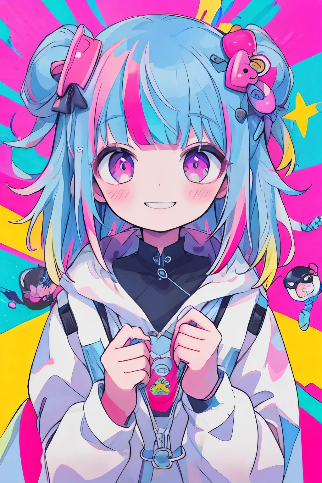 beautiful, High resolution, masterpiece, high quality, Very detailed, shape:1.5) One girl,alone,heart 髪飾り,heart,heart 目,Multicolored Hair,spike,Upper Body,Pink Hair,dress,black 襟,Multicolored background,Pink Eyes,Purple eyes,bangs,Blue Hair,Medium Hair,smile
