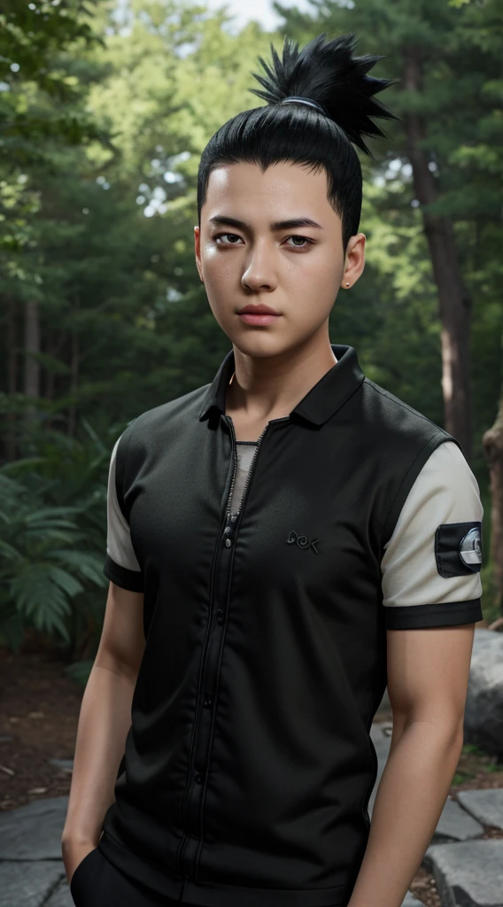 (best quality), high quality, very high resolution, (ultra detailed), 8k, (hyper realistic),Ray Tracing,  masterpiece, One boy, Great style, Outdoor, Upper Body, Shikamaru nara, Bright Eyes, Black Hair, Cool Boy, 3D Figures, Octane Rendering, 24K resolution, Very detailed