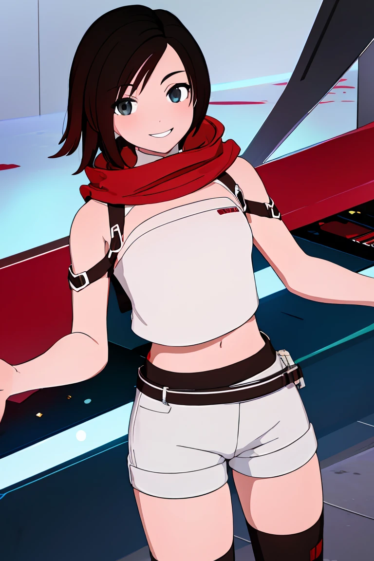 ((masterpiece,best quality)),  absurdres,
denim shorts, white crop top,
Ruby_RWBY,
solo, smiling, looking at viewer, cowboy shot,