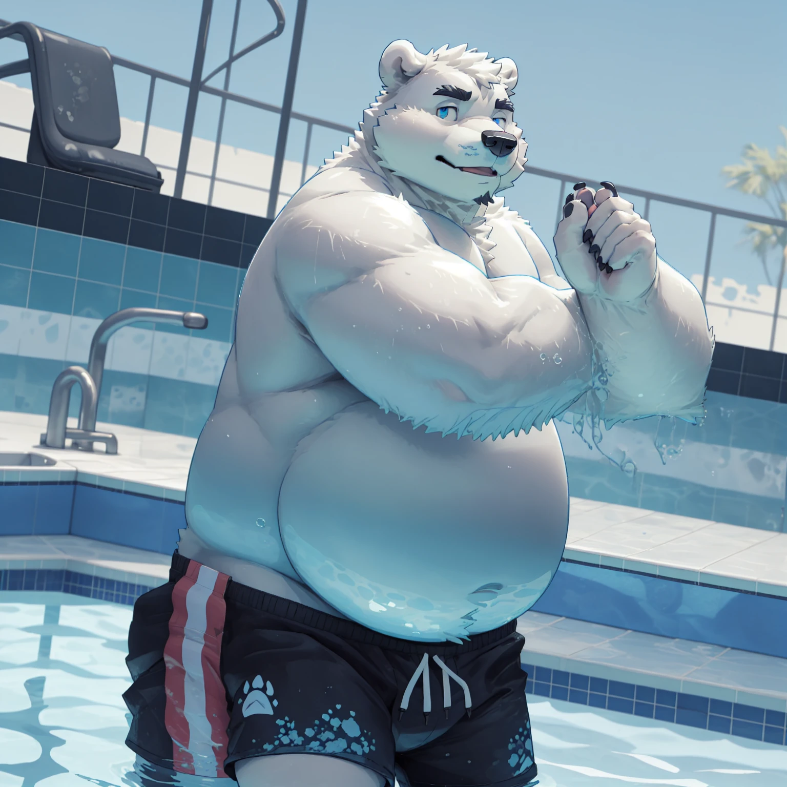 New Jersey 5 Furry,polar bear，Personal portrait,Unique，Exquisite， Chubby，Fat，Thick arms，Rugged muscles，Topless，White plush fur，Chubby脸，Black eyebrows，Sky blue eyes，Beard，shorts，Swimming pool，In the water，swim，Fingers crossed