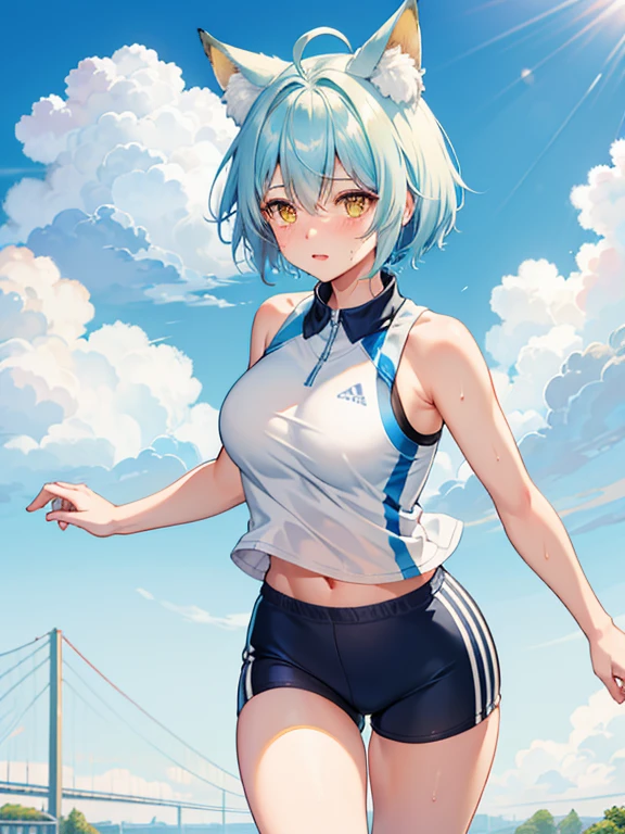 1girl in, fox ear, light blue short hair,bangs pinned back,Ahoge,Colored inner hair, yellow eyes,Cute, blush, medium breast, running, white sports bra, morning, park, sweat