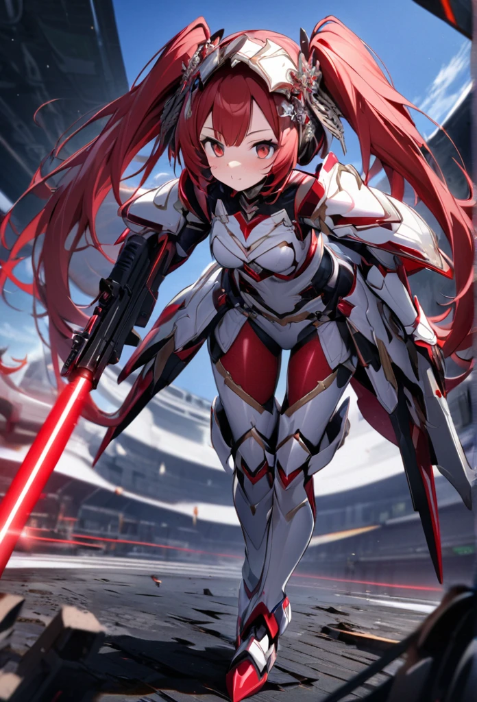 High quality, high definition, hig
h precision images,8k 1 Girl Robot Girl、red hair,Twin tails,Red eyes,Leaning forward Head decoration、 Wearing luxurious re barrettes in haird and white armor, a helmet on the head
full body image,sky background,Full body view
Holds a white and red laser rifle