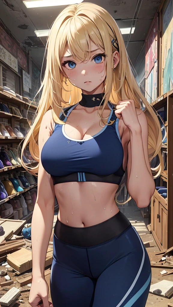 最high quality、best image quality、masterpiece、teenage girl((20-year-old、 By becoming、vest bust、medium bust,wide open breast tea、black eye, blonde hair、long hair、thin,highest valley、blue sports bra(1:2)、blue sports pants、Punching Pose、sweating、Sweat scattering)),high quality、beautiful art、background((dilapidated store、Bad group))debris flies、Depth of written boundary、movie、visual art、perfect art、8K,genuine、