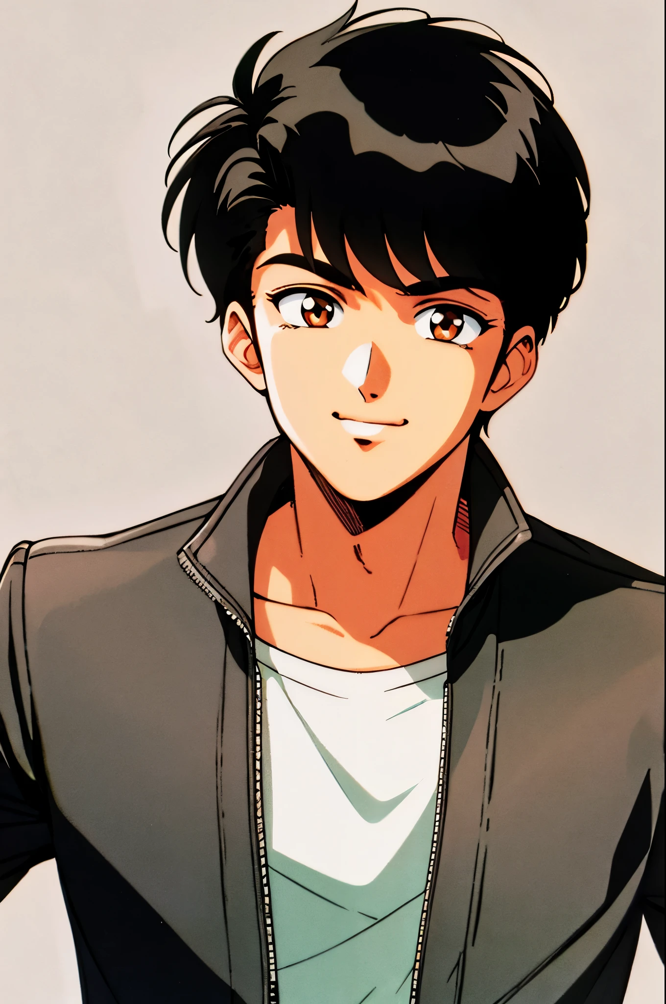 retro artstyle, masterpiece, best quality, cel shaded, bright colors, 1boy, solo, male focus, teenage boy, short black hair, brown eyes, youthful smile, healthy skin, muscular frame, leather jacket, white undershirt, looking at viewer, staring straight ahead, upper body shot, simple background