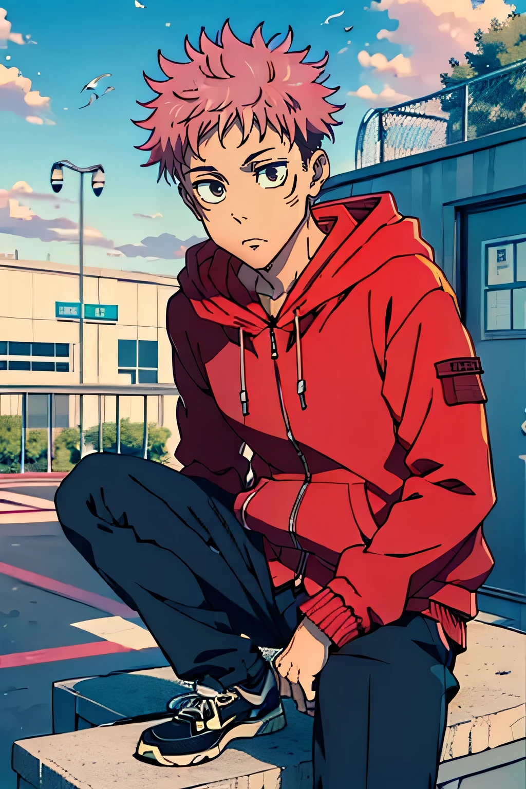 (masterpiece), best quality, expressive eyes, perfect face，itadori yuuji,1boy, pink hair, spiked short hair, undercut, brown eyes, facial mark,red hoodie, school uniform, gakuran, jacket, long sleeves, pants, shoes,Dead fish eyes, campus, rooftop，yuji1