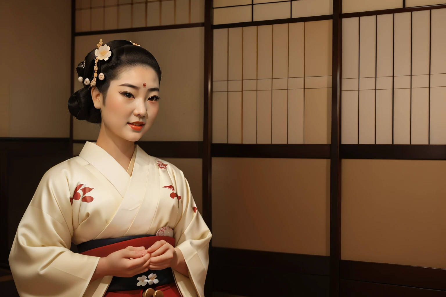 Kioto, 1948. A young ((((28-year-old)) Hatsumiyo)), round face, chubby cheeks, skinny figure, kind, gentle, bowing, reverence, ((happy expression)), ((((geisha clothings from the 1940s)))), ((geisha of the 1940s)), color