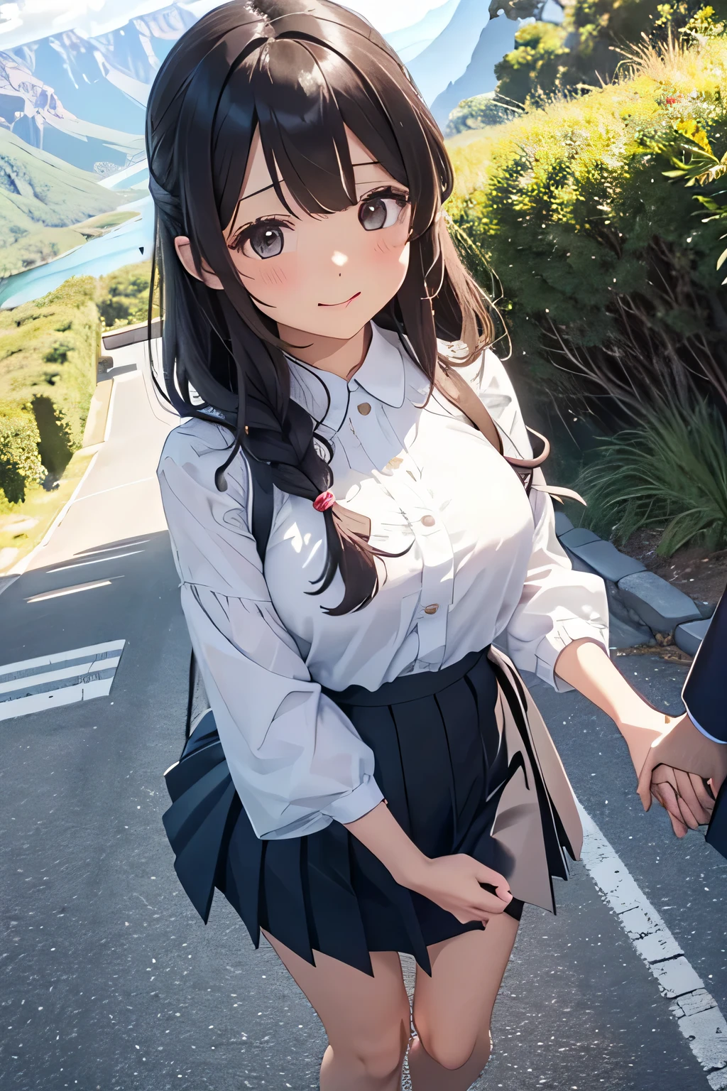 highest quality、High resolution、Detailed Background、(Beautiful face in every detail:1.4)、Anatomically correct、(Draw the usual number of fingers:1.2)、Detailed facial expressions、Detailed eyes、Detailed eyes、Beautiful, smooth skin、age beauty、(Huge breasts:1.2)、(Highly detailed face:1.4)、Perfect body line、
cute hair color、braided bob、Wavy Hairstyle、well-groomed eyebrows、Cute gestures、Walking in the air、A little excited expression、A happy look、Sailor suit、Sailor collar、Pleated skirt、White knee-high socks、Cowboy Shot、
(A beautiful girl enjoying the thrill of walking in the air:1.5)、
Walking in the air is an activity where you walk on elevated walkways and suspension bridges.、
Access a walking space set up at an elevated location、
They continue to hold hands while walking in high places to show a sense of security and affection、
While walking, we talk about each other and the surrounding scenery、
Take photos of the scenery from high places and cute scenes during sky walking.、
You can feel the depth of the Grand Canyon by walking along this transparent walkway、
A high mountain in Milford Sound on New Zealand's South Island々You can walk along the sidewalk while enjoying the glacier scenery、The feature is a glass-floored walkway built on the cliff.、By walking on a deep ravine、You can enjoy the spectacular scenery、cute