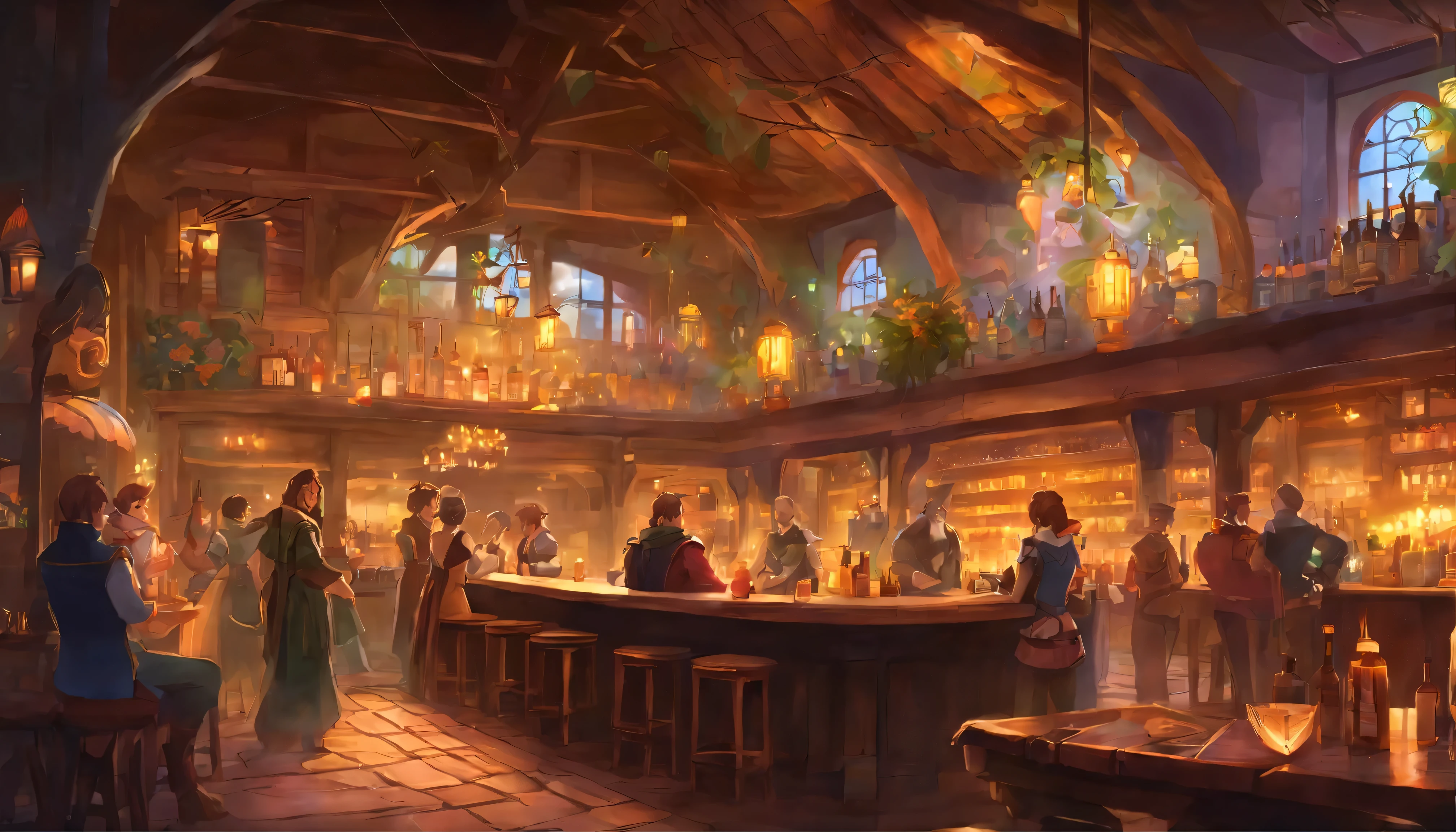 ((bar counter, Izakaya, Warm lighting, desk, Fantasy Tavern)), (Behind the Bar serves customers)), There were many people at the back of the venue.., Great Hall, celebrate,Elf,Dwarf