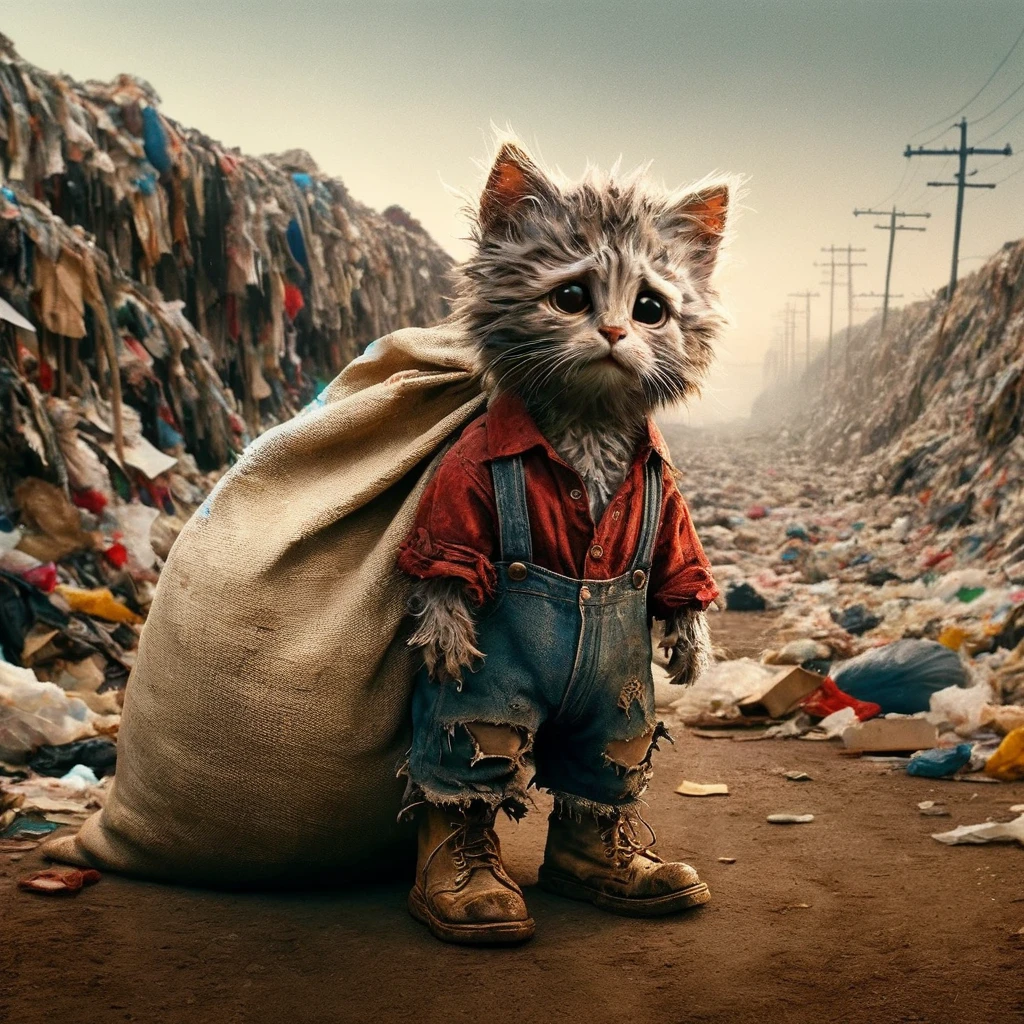 Create an image of a very pitiful anthropomorphic kitten wearing extremely tattered red linen shirt and denim overalls, even more worn-out cloth shoes, carrying an oversized sack on its back, taller than itself. The kitten stands in front of a large, more pronounced pile of garbage, with a background featuring a road completely overwhelmed by trash, depicting a significantly harsher environment. This scene intensifies the contrast between the innocence of the character and the severity of its surroundings, emphasizing the dire conditions.