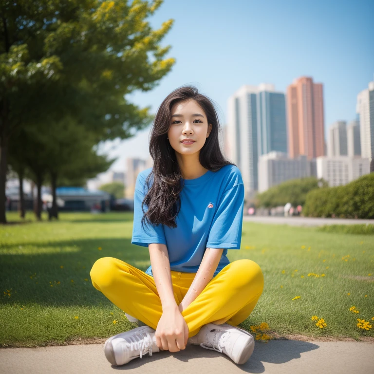 Young woman, I am 25 years old, looking at the city at the camera,) Long, flowing hair, blue short-sleeved shirt,Sweatpantsขายาวสีกรมท่า,Sweatpants, Sweatpantsขายาว, exercise clothes, wet body, exercise clothes, Outdoors in the midst of nature, I also have top Nong Sung flowers, red and yellow all around., 8K photos, Overtake the light and sound 45,000,000 Chili Cell,