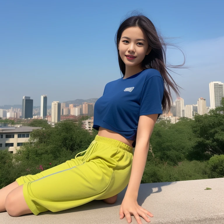 Young woman, I am 25 years old, looking at the city at the camera,) Long, flowing hair, blue short-sleeved shirt,Sweatpantsขายาวสีกรมท่า,Sweatpants, Sweatpantsขายาว, exercise clothes, wet body, exercise clothes, Outdoors in the midst of nature, I also have top Nong Sung flowers, red and yellow all around., 8K photos, Overtake the light and sound 45,000,000 Chili Cell,