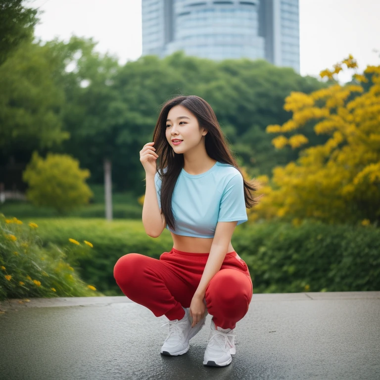 Young woman, I am 25 years old, looking at the city at the camera,) Long, flowing hair, blue short-sleeved shirt,Sweatpantsขายาวสีกรมท่า,Sweatpants, Sweatpantsขายาว, exercise clothes, wet body, exercise clothes, Outdoors in the midst of nature, I also have top Nong Sung flowers, red and yellow all around., 8K photos, Overtake the light and sound 45,000,000 Chili Cell,