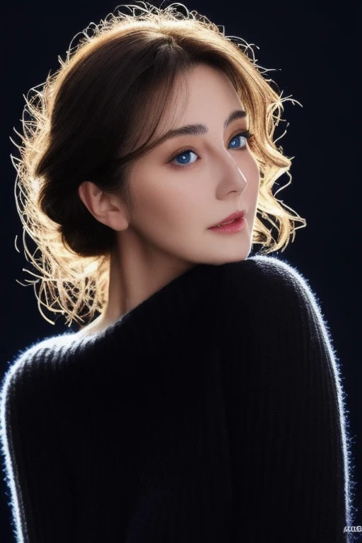 Ultra-high resolution, masterpiece, highest quality, perfect glowing skin, Perfect lighting, Detailed lighting, Japanese middle-aged woman、, Black sweater, View audience, Off the shoulder, Big Breasts, Large exposed cleavage, blue eyes, Browsing Caution, ((Dark Background)), Sexy Face, The facial expression when feeling happy, Open the mouse,