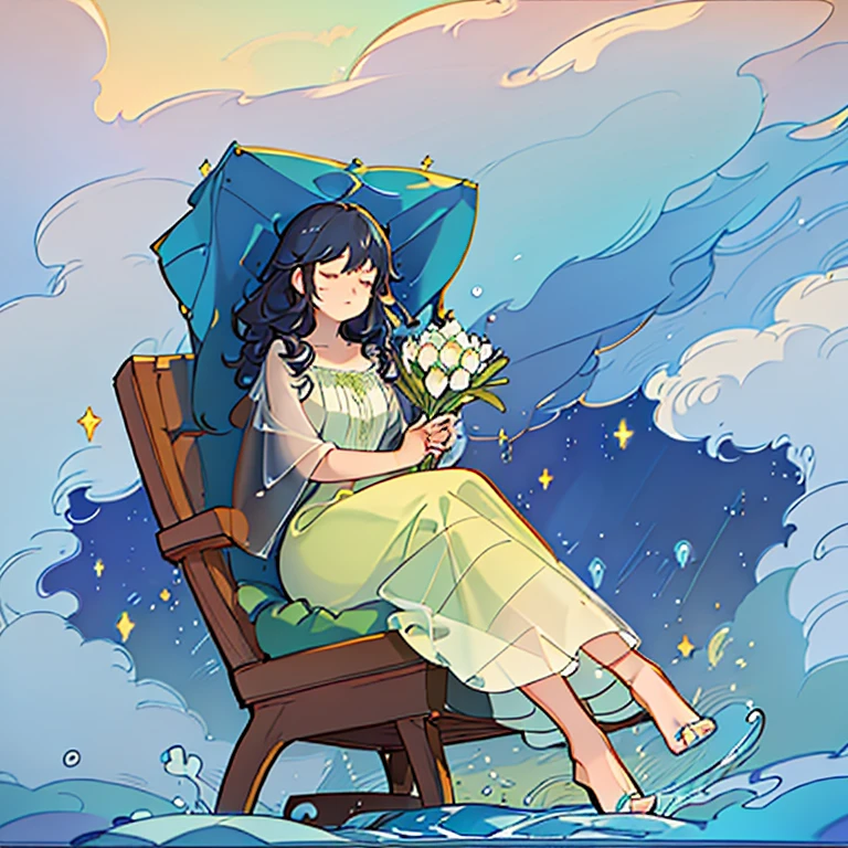 Black shawl hair girl,Curled up on a recliner,Bend over and curl your legs,Side view,Lower your head and close your eyes,Holding puppy in hand,Wearing a pale green dress,A large number of tulips arranged in a circle,During the day,In the distance are mountains and white clouds