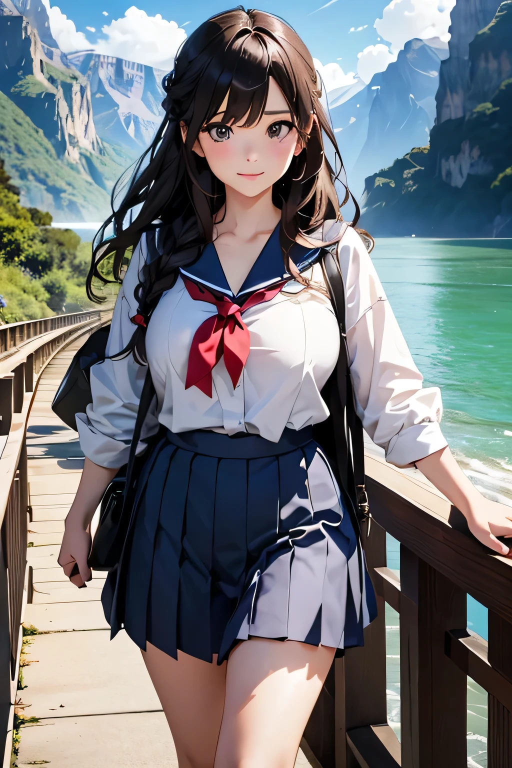 highest quality、High resolution、Detailed Background、(Beautiful face in every detail:1.4)、Anatomically correct、(Draw the usual number of fingers:1.2)、Detailed facial expressions、Detailed eyes、Detailed eyes、Beautiful, smooth skin、Teenage beauty、(Huge breasts:1.2)、(Highly detailed face:1.4)、Perfect body line、
cute hair color、Brown Hair、Black Hair、braided bob、Braided long hair、Wavy Hairstyle、well-groomed eyebrows、Cute gestures、Walking in the air、A little excited expression、A happy look、Sailor suit、Sailor collar、Pleated skirt、White knee-high socks、Cowboy Shot、
(A beautiful girl enjoying the thrill of walking in the air:1.5)、
Walking in the air is an activity where you walk on elevated walkways and suspension bridges.、
Access a walking space set up at an elevated location、
They continue to hold hands while walking in high places to show a sense of security and affection、
While walking, we talk about each other and the surrounding scenery、
Take photos of the scenery from high places and cute scenes during sky walking.、
You can feel the depth of the Grand Canyon by walking along this transparent walkway、
A high mountain in Milford Sound on New Zealand's South Island々You can walk along the sidewalk while enjoying the glacier scenery、The feature is a glass-floored walkway built on the cliff.、By walking on a deep ravine、You can enjoy the spectacular scenery、cute