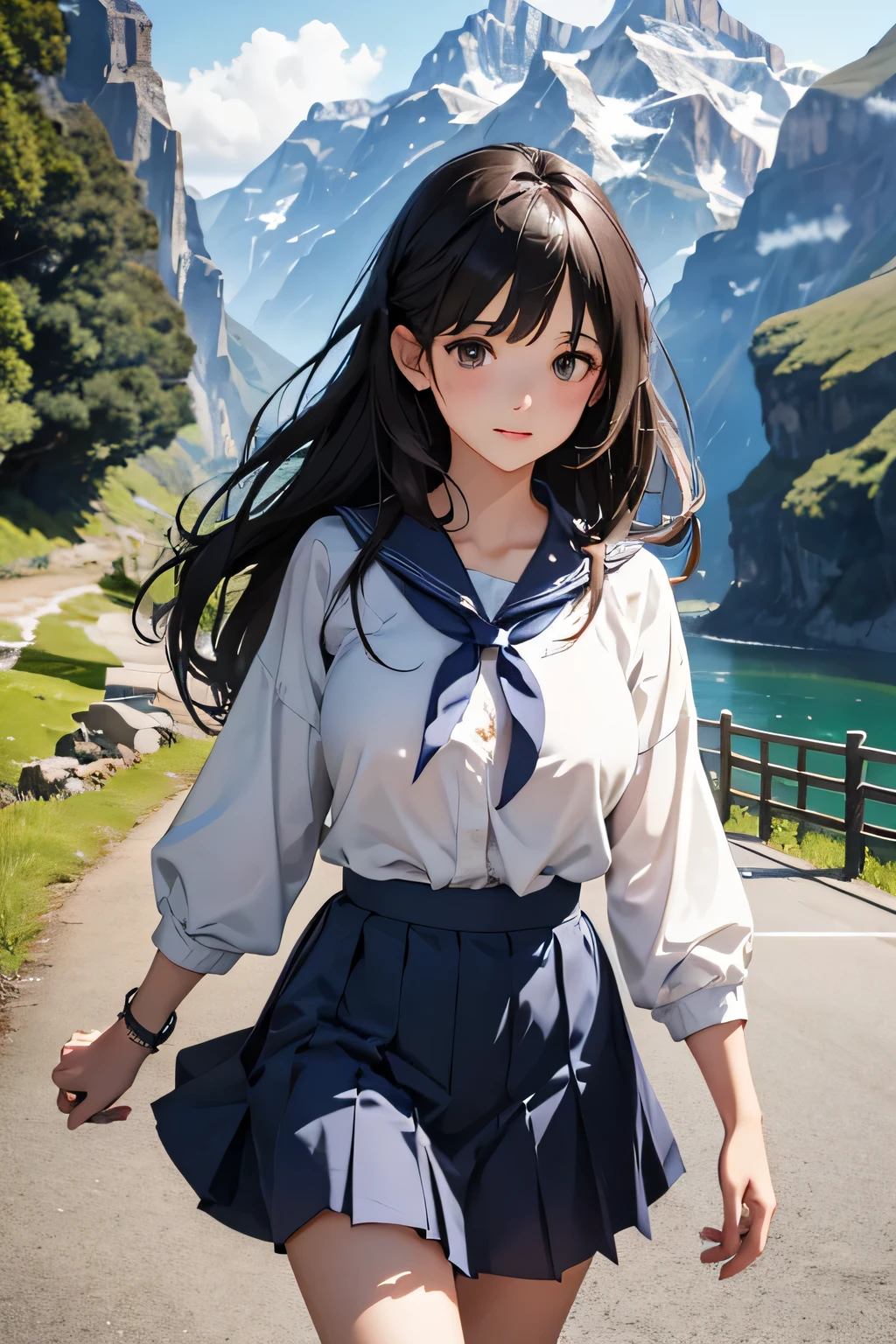 highest quality、High resolution、Detailed Background、(Beautiful face in every detail:1.4)、Anatomically correct、(Draw the usual number of fingers:1.2)、Detailed facial expressions、Detailed eyes、Detailed eyes、Beautiful, smooth skin、Teenage beauty、(Huge breasts:1.2)、(Highly detailed face:1.4)、Perfect body line、
cute hair color、Brown Hair、Black Hair、braided bob、Braided long hair、Wavy Hairstyle、well-groomed eyebrows、Cute gestures、Walking in the air、A little excited expression、A happy look、Sailor suit、Sailor collar、Pleated skirt、White knee-high socks、Cowboy Shot、

(A beautiful girl enjoying the thrill of walking in the air:1.5)、

Walking in the air is an activity where you walk on elevated walkways and suspension bridges.、
Access a walking space set up at an elevated location、

They continue to hold hands while walking in high places to show a sense of security and affection、
While walking, we talk about each other and the surrounding scenery、
Take photos of the scenery from high places and cute scenes during sky walking.、

You can feel the depth of the Grand Canyon by walking along this transparent walkway、
A high mountain in Milford Sound on New Zealand's South Island々You can walk along the sidewalk while enjoying the glacier scenery、The feature is a glass-floored walkway built on the cliff.、By walking on a deep ravine、You can enjoy the spectacular scenery、cute